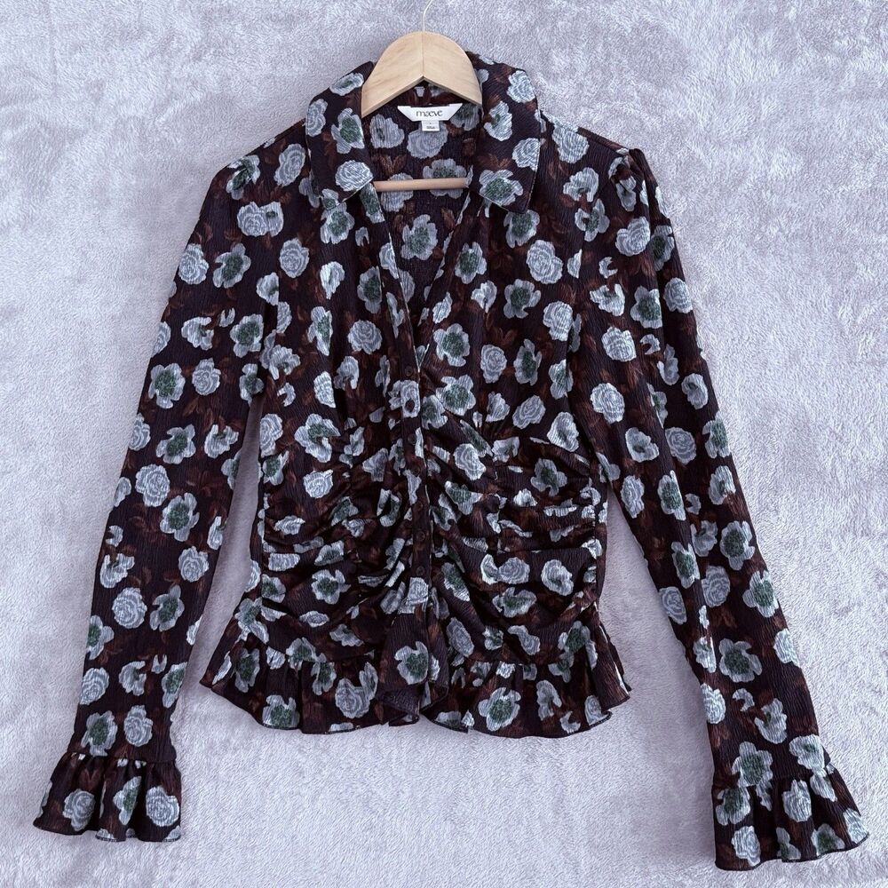 Maeve Anthropologie Smocked V Neck Ruffle Top Womens L Multicolor Floral Boho